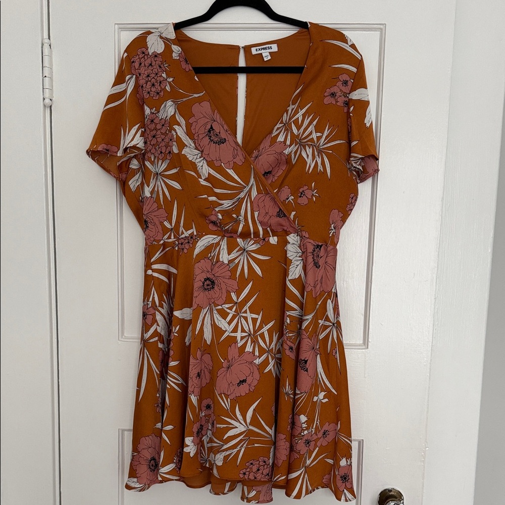 Express Floral V-Neck Mini Dress in Orange and Pink